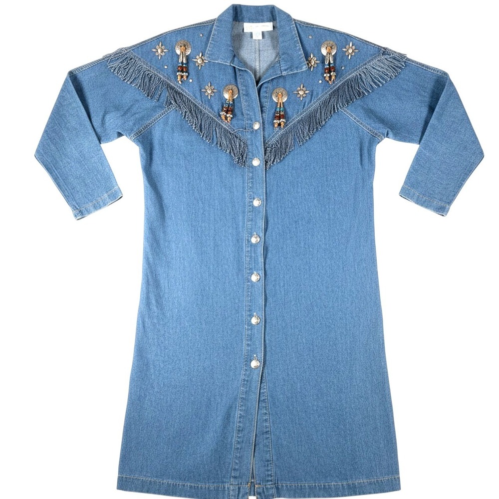 Vintage Monique Fashions Denim Western Dress Fringe Concho Beaded Blue Size 10